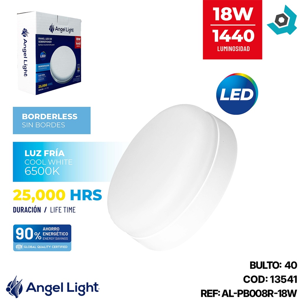 LAMPARA PANEL LED REDONDO SUPERFICIAL LUZ FRIA 18W ANGEL LIGHT
