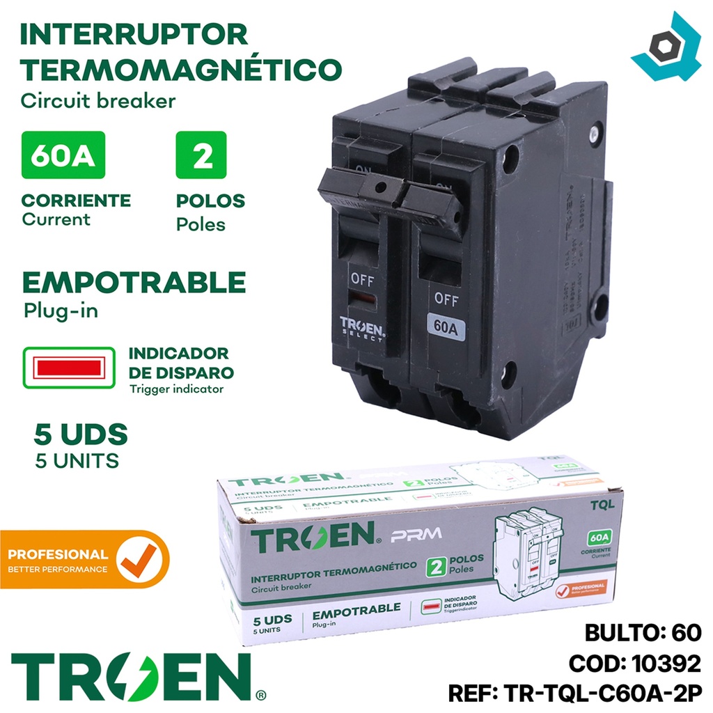 BREAKER TERMOMAGNETICO 60A 2P EMPOTRAR TQL TROEN