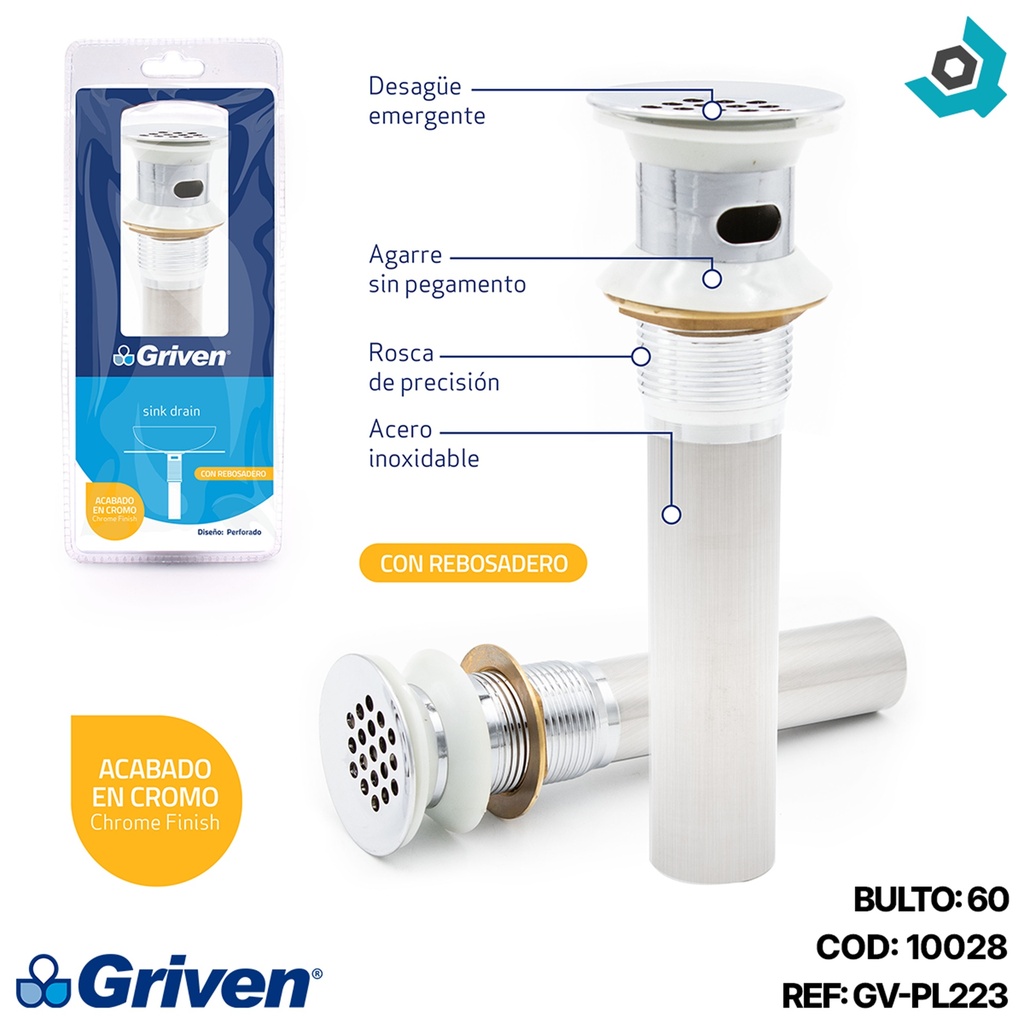 DESAGUE PARA LAVAMANOS 1 1/4" X 19CM METALICO GRIVEN