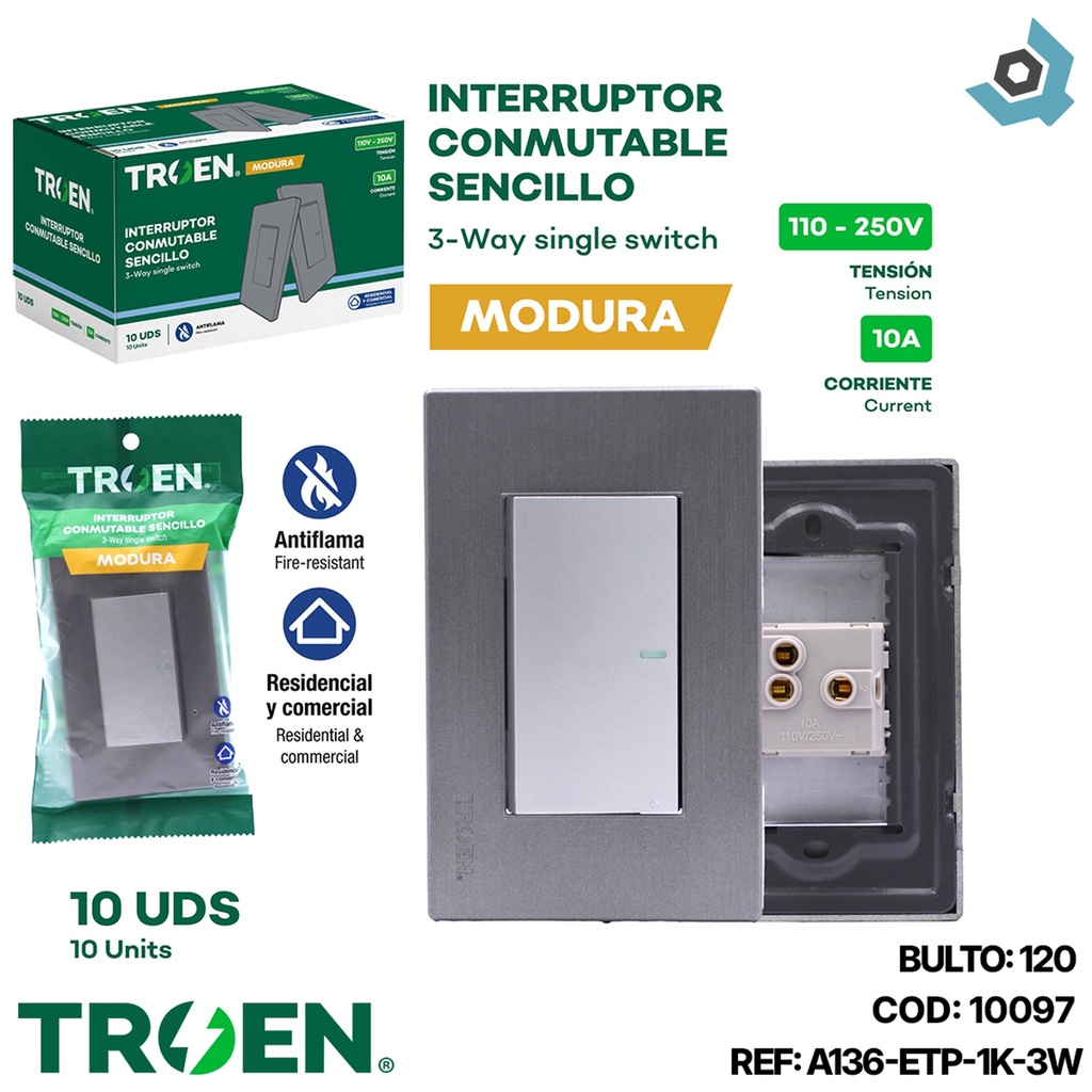 APAGADOR INDIVIDUAL 3 WAY PLATEADO TROEN