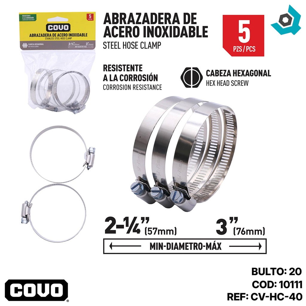ABRAZADERAS 2 1/4" A 3" DE ACERO INOXIDABLE COVO