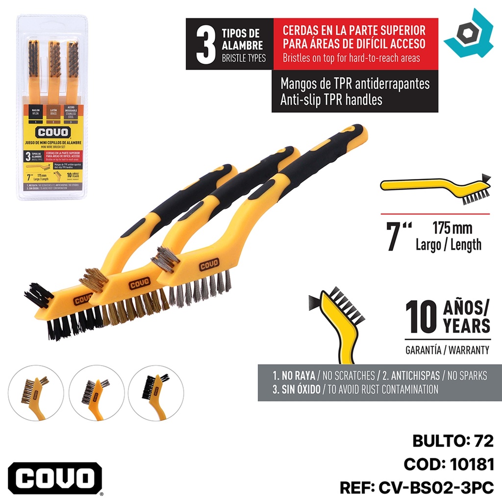 JUEGO DE MINI CEPILLOS DE ALAMBRE 3 PIEZAS COVO