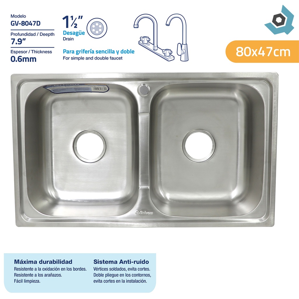 FREGADERO DOBLE 80CM X 47CM ACERO INOXIDABLE GRIVEN
