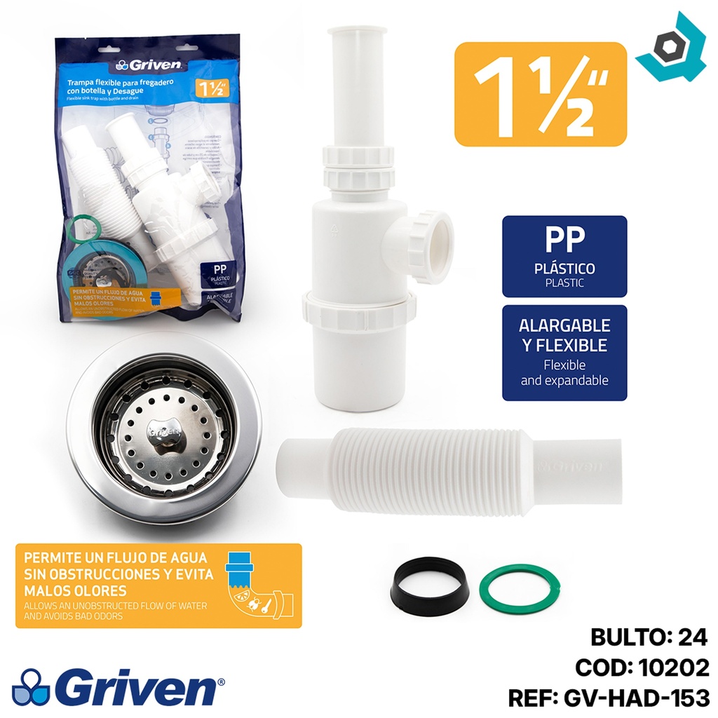 SIFON PARA FREGADERO 1 1/2" FLEIXBLE CON BOTELLA GRIVEN