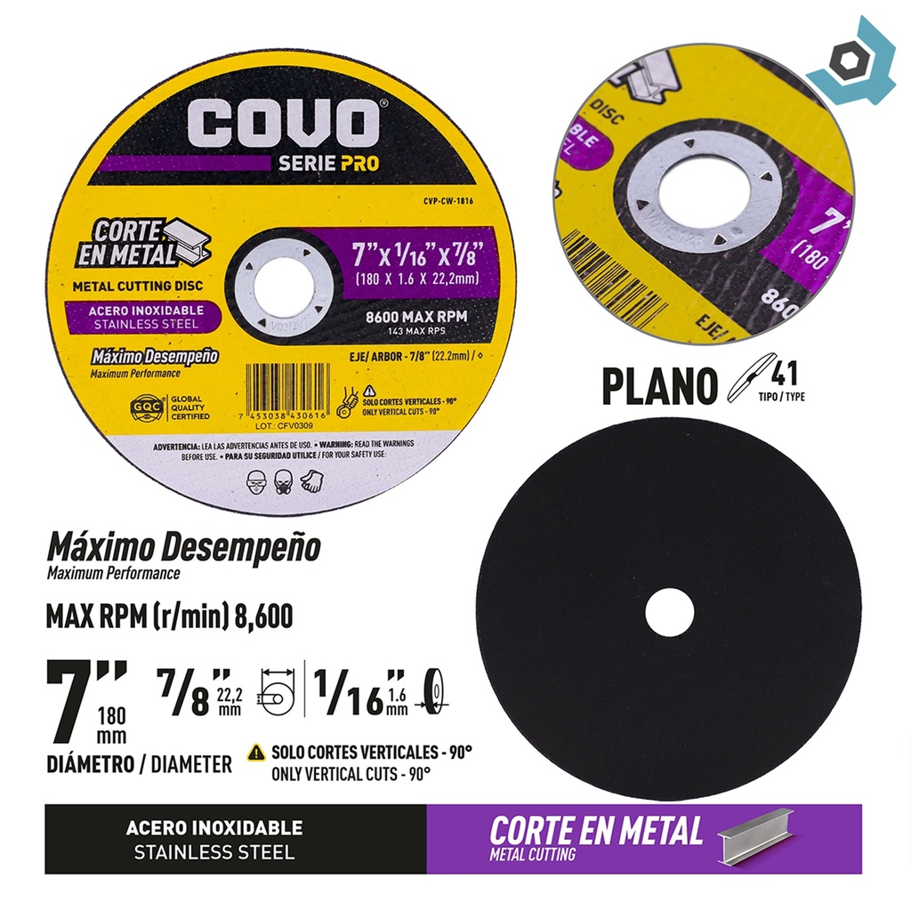 DISCO PARA CORTE 7" DE METAL COVO PRO