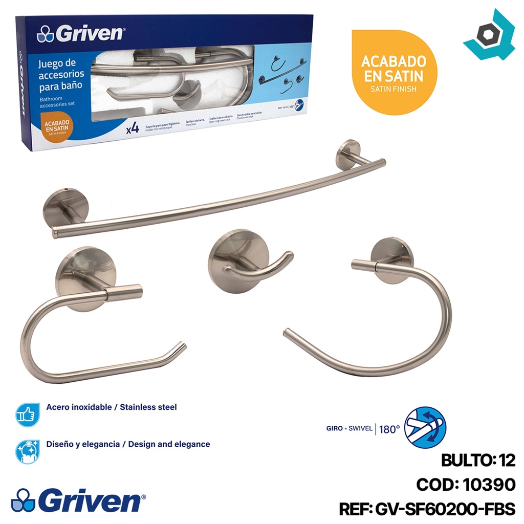 JUEGO DE ACCESORIOS 4 PIEZAS SATINADO GRIVEN