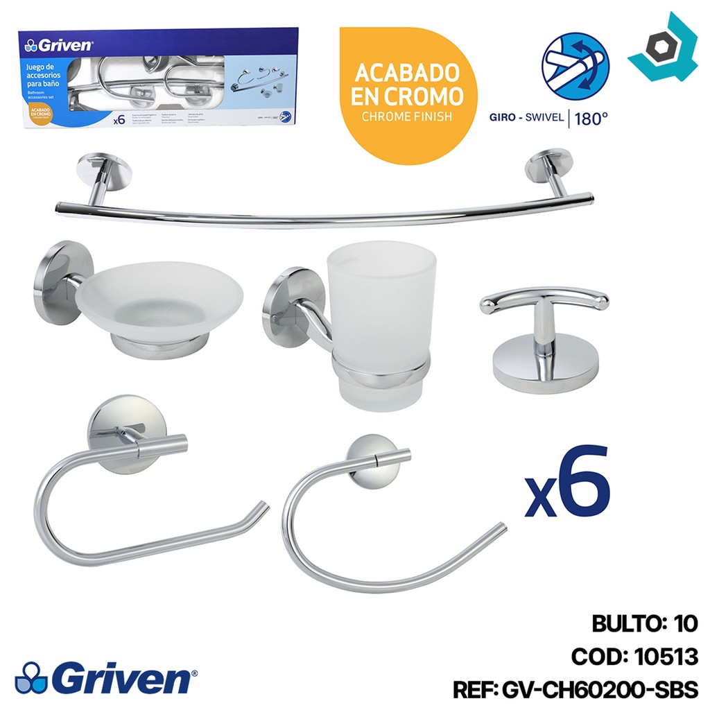 JUEGO DE ACCESORIOS DE BANO 6 PIEZAS CROMADO GRIVEN