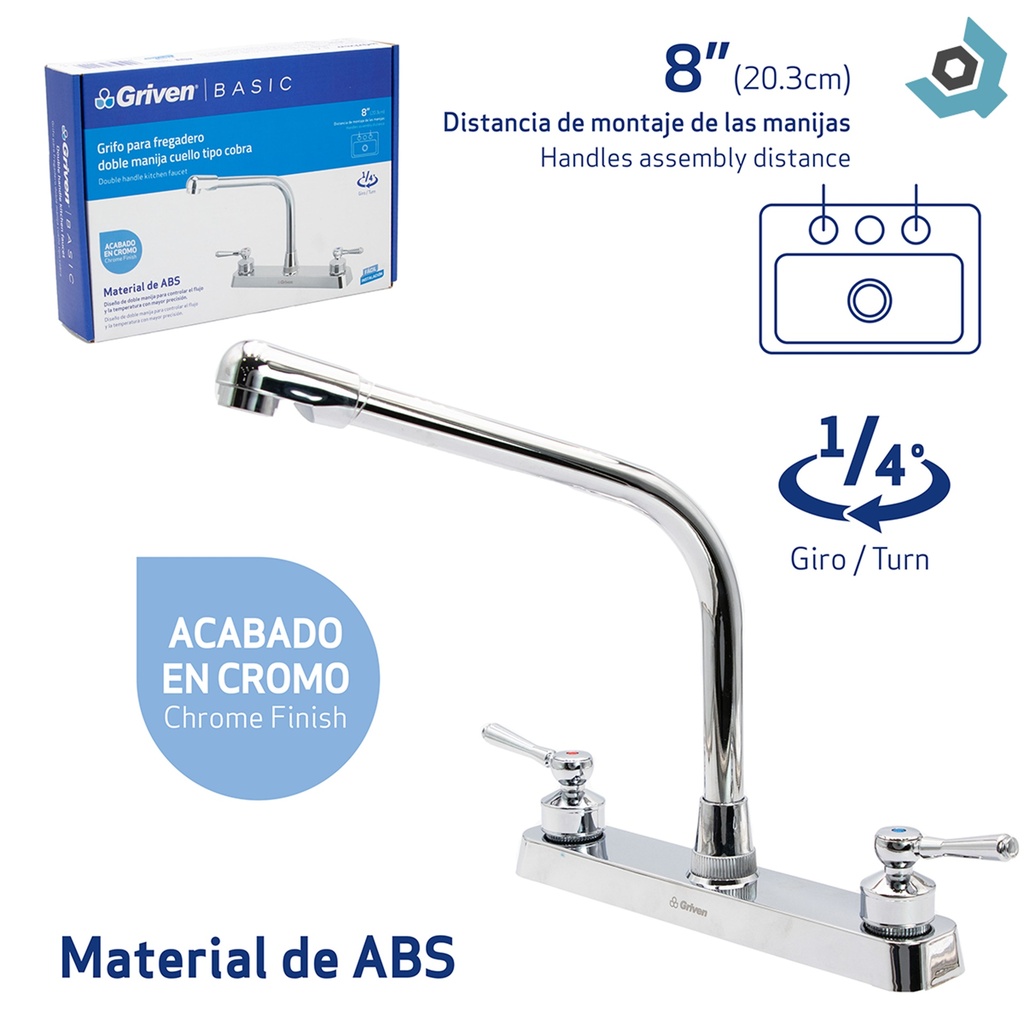 GRIFERIA PARA FREGADERO 8" CUELLO TIPO COBRA GRIVEN BASIC