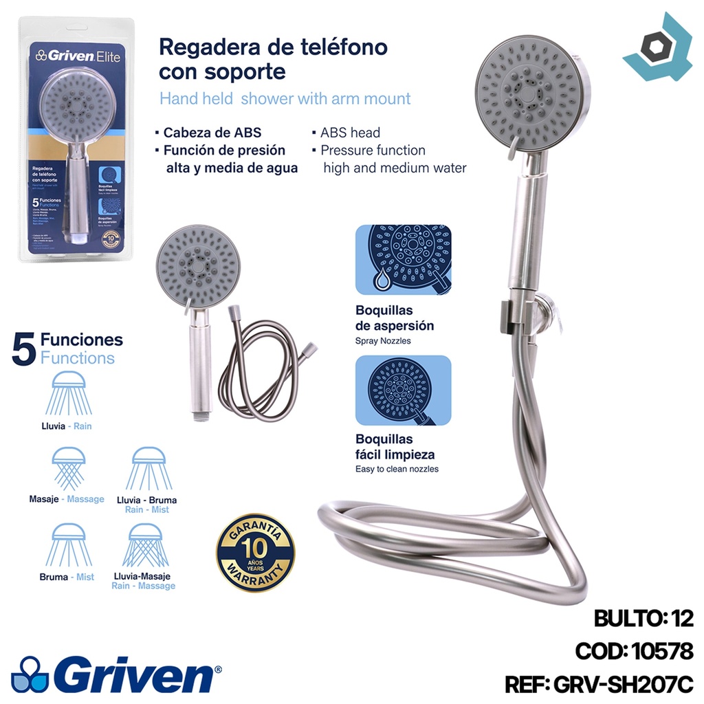 REGADERA TIPO TELEFONO CON SOPORTE GRIVEN ELITE