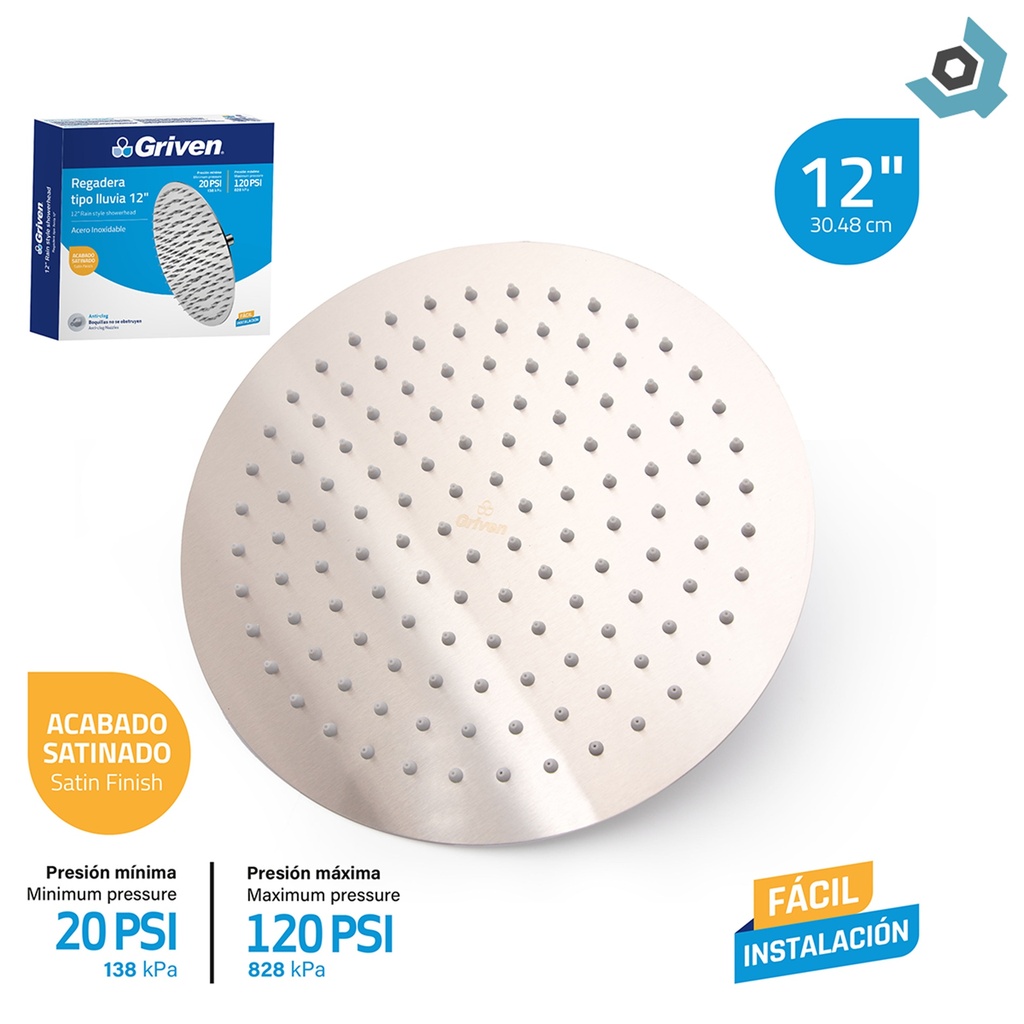 REGADERA PARA DUCHA TIPO LLUVIA REDONDA 12" SATINADA GRIVEN