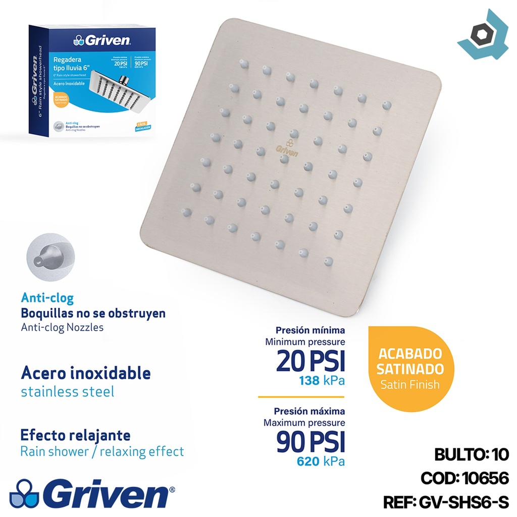 REGADERA PARA DUCHA TIPO LLUVIA CUADRADA 6" SATINADA GRIVEN