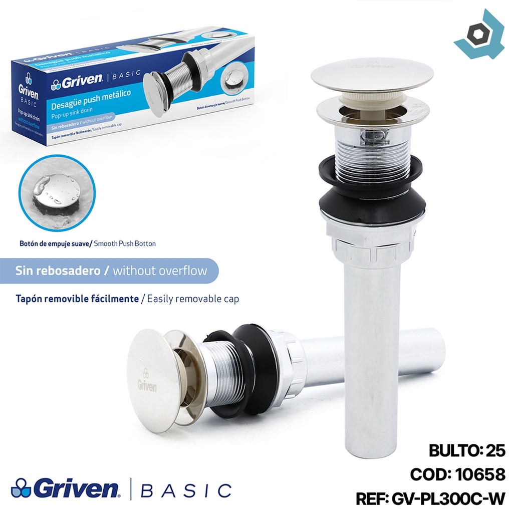 DESAGUE PUSH PLASTICO CROMADO SIN REBOSADERO GRIVEN BASIC