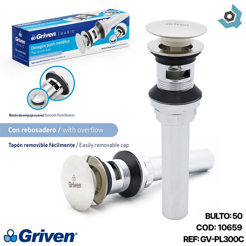 DESAGUE PUSH PLASTICO CROMADO CON REBOSADERO GRIVEN BASIC
