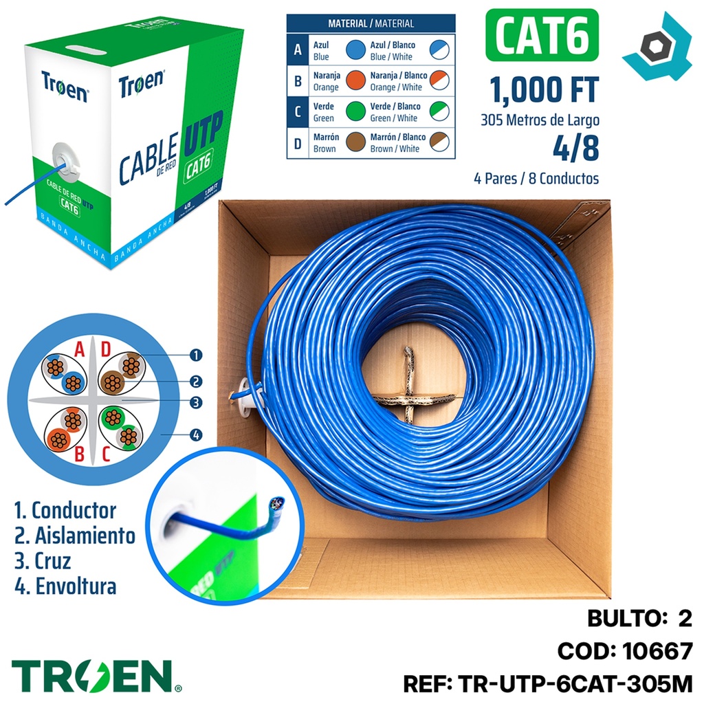 BOBINA DE CABLE DE RED UTP CAT6 305 METROS TROEN