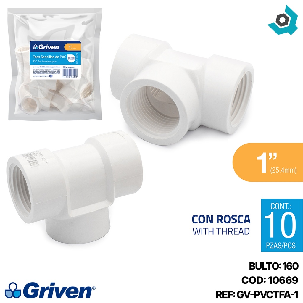 TEE SENCILLA DE PVC 1" CON ROSCA BLANCO GRIVEN