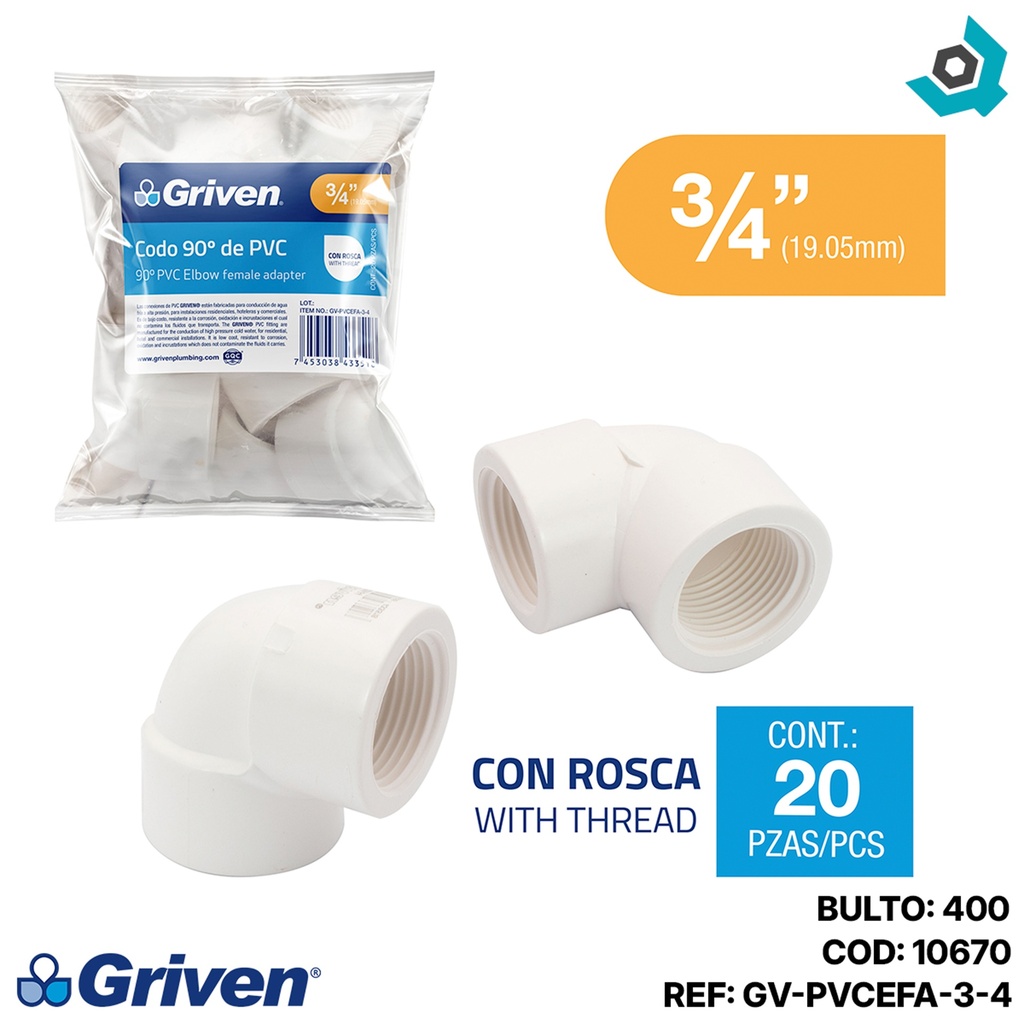 CODO 90GR DE PVC 3/4" CON ROSCA BLANCO GRIVEN