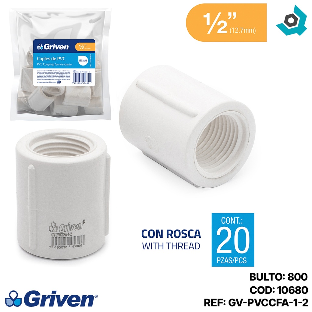 UNION COPLE DE PVC 1/2" CON ROSCA BLANCO GRIVEN