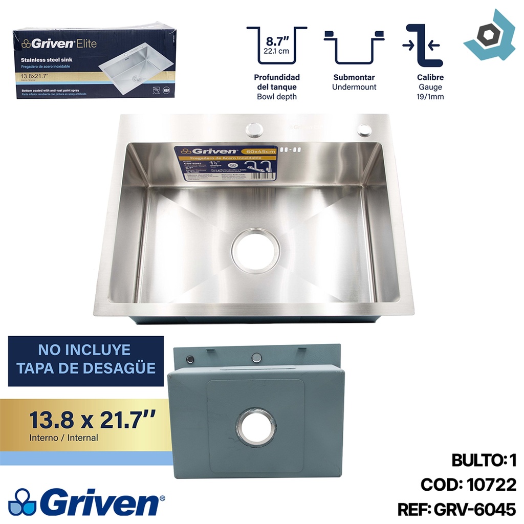 FREGADERO INDIVIDUAL DE ACERO INOXIDABLE GRIVEN ELITE