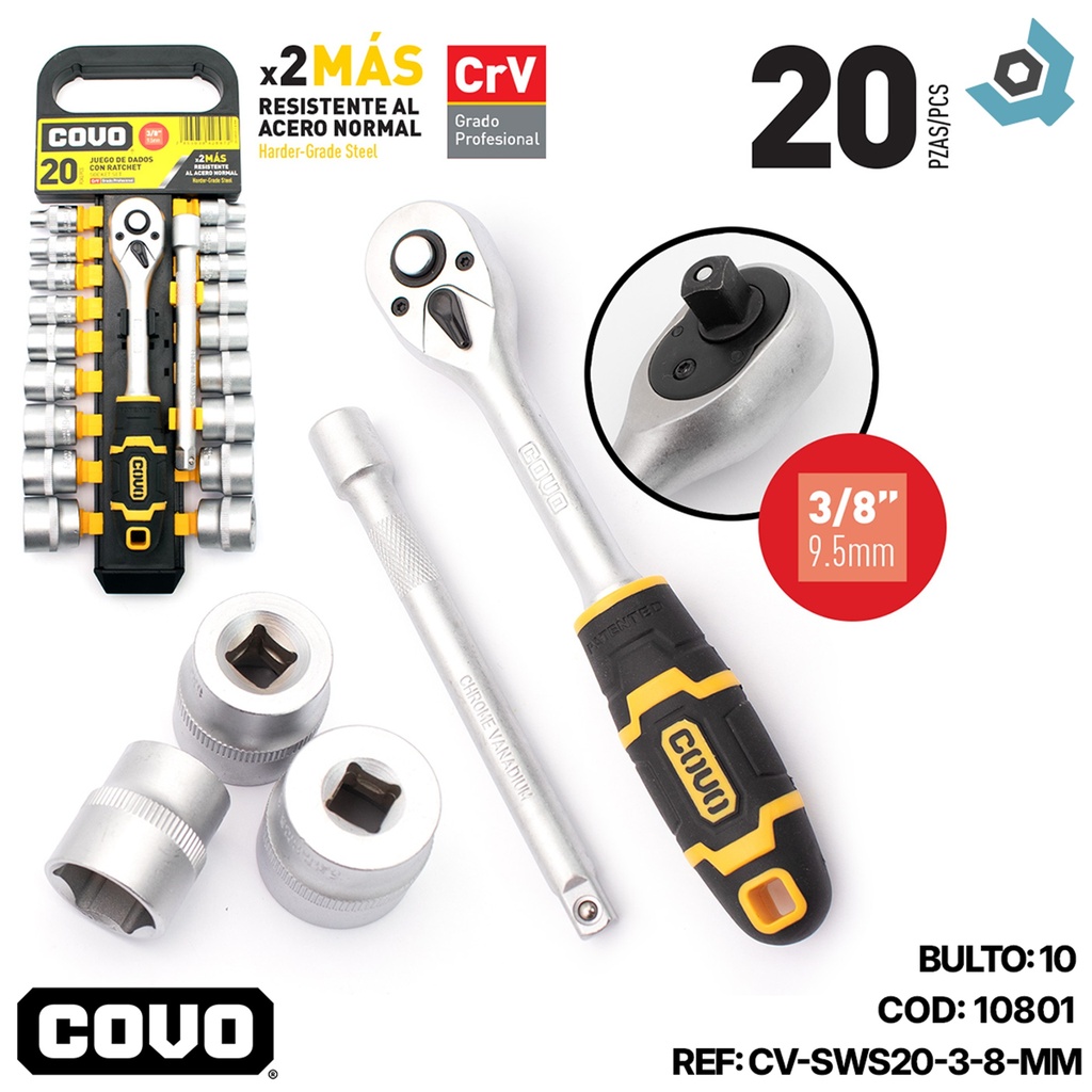JUEGO DE DADOS CON RACHET 3/8" 20 PZA COVO