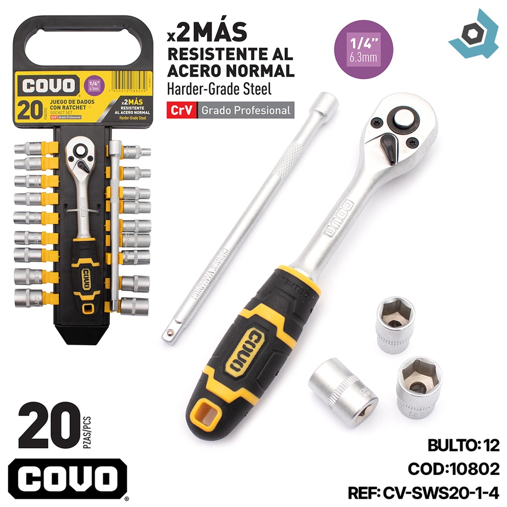 JUEGO DE DADOS CON RACHET 1/4" 20 PZA COVO