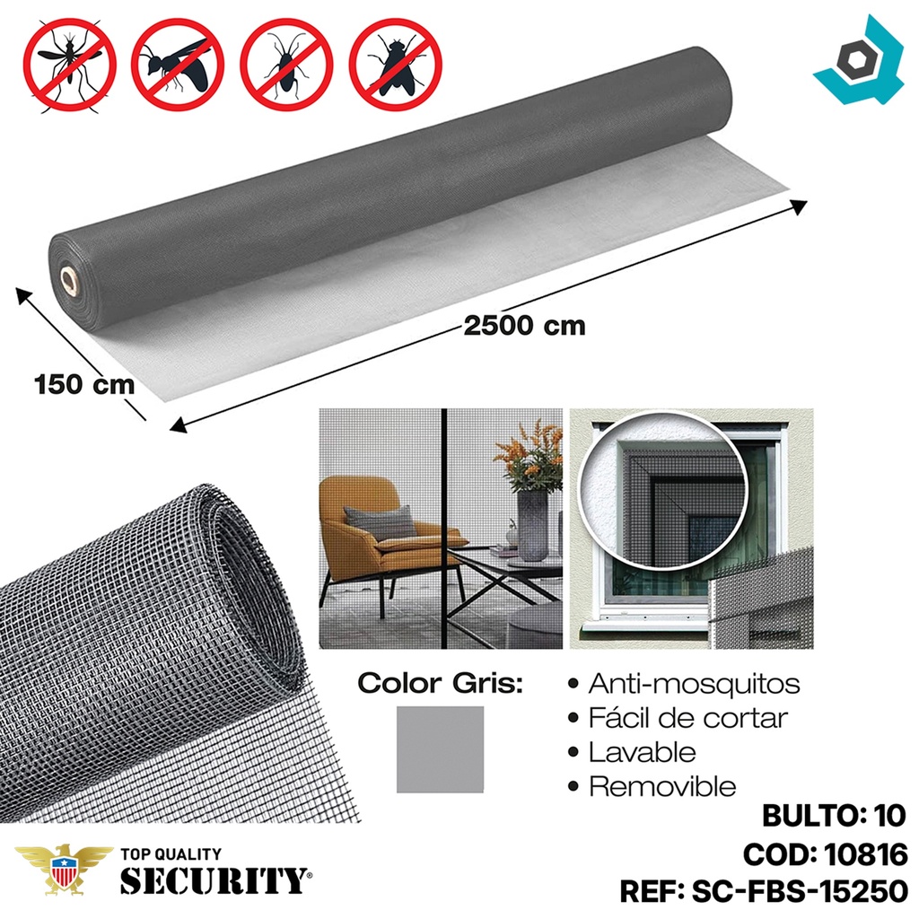MALLA MOSQUITERO PANTALLA GRIS FIBRA DE VIDRIO 150 X 2500CM  SECURITY