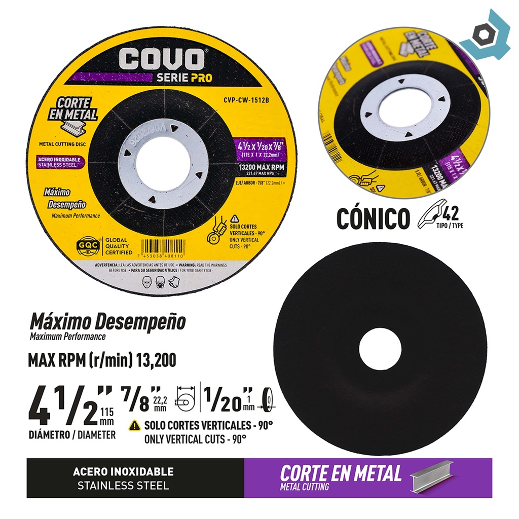 DISCO PARA CORTE EN METAL 4 1/2" COVO PRO