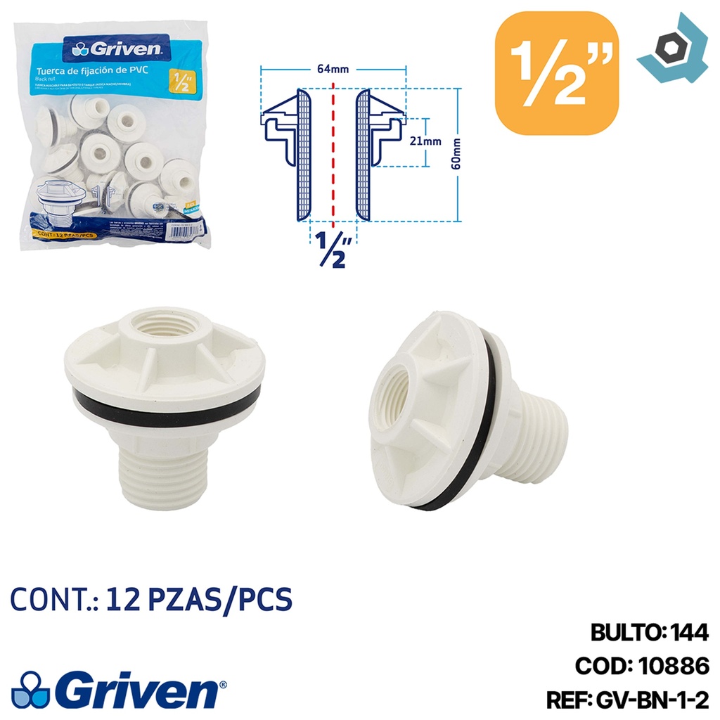 TUERCA PARA TANQUE 1/2" BLANCO GRIVEN