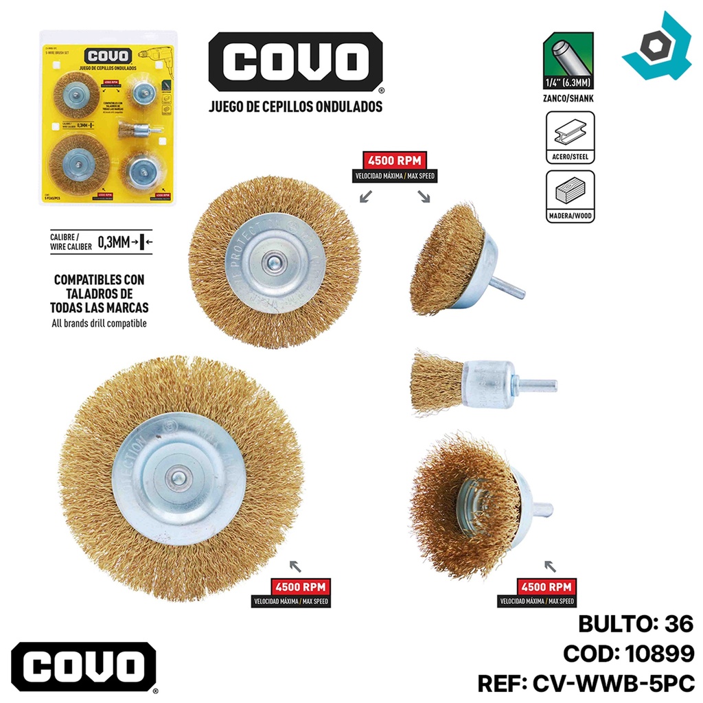 JUEGO DE CEPILLOS DE COPA DE ALAMBRE ONDULADO 5 PIEZAS COVO