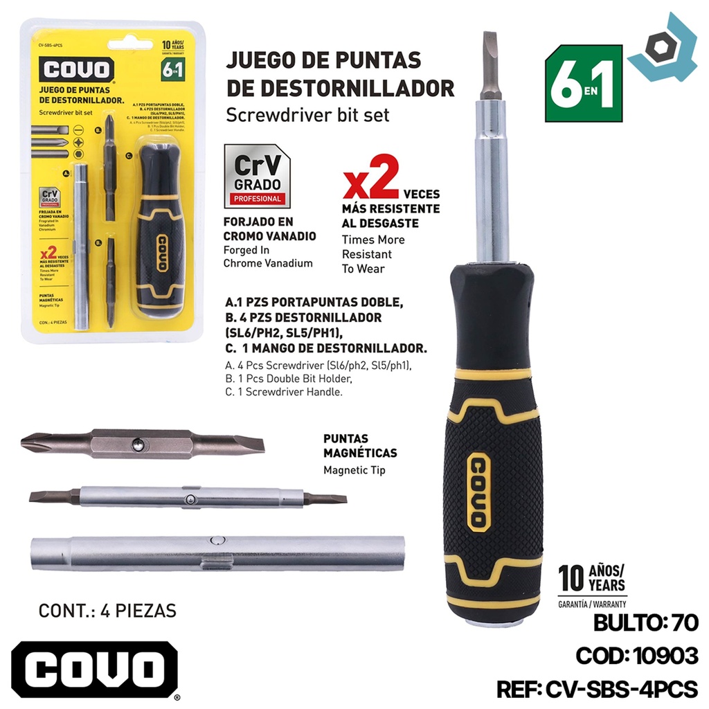 JUEGO DE PUNTAS DE DESTORNILLADOR 6 EN 1 DE 4 PIEZAS COVO