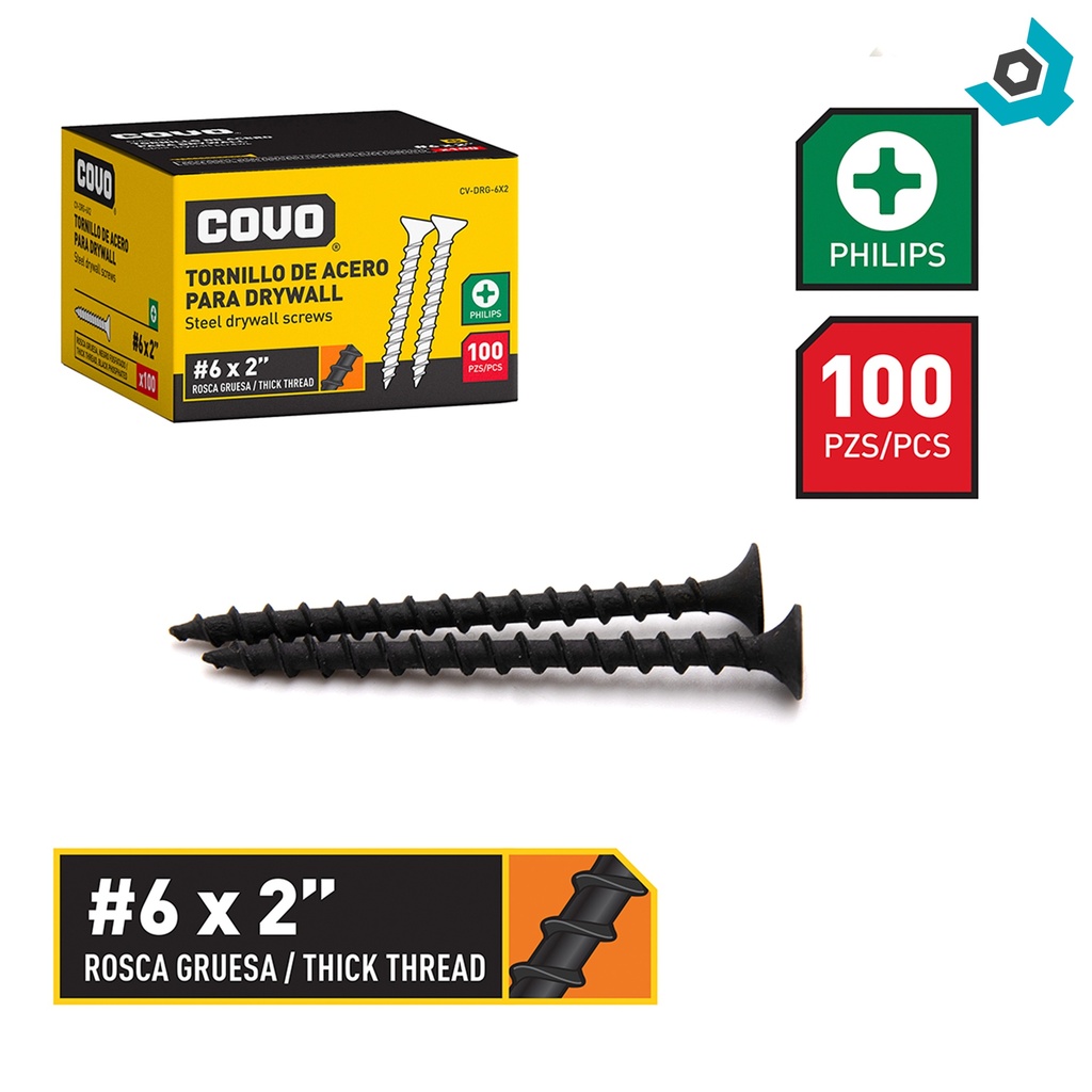 TORNILLO DRYWALL NRO.6 X 2" ROSCA GRUESA 100PZA COVO