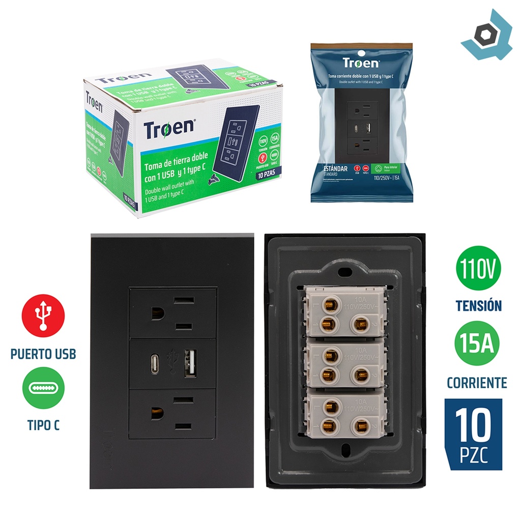 TOMACORRIENTE DOBLE CON UN USB Y UN TIPO C NEGRO TROEN