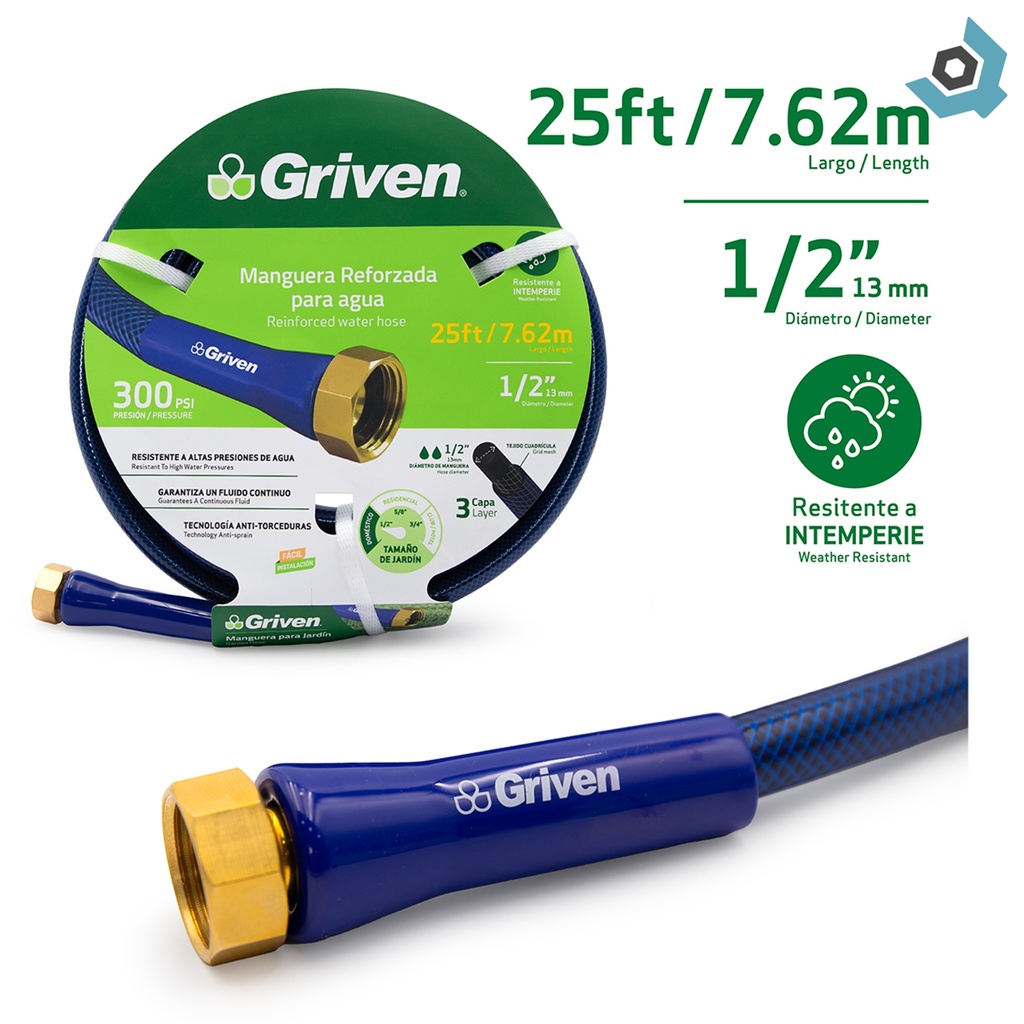 MANGUERA 1/2" DE JARDINERIA REFORZADA 7.62 METROS GRIVEN