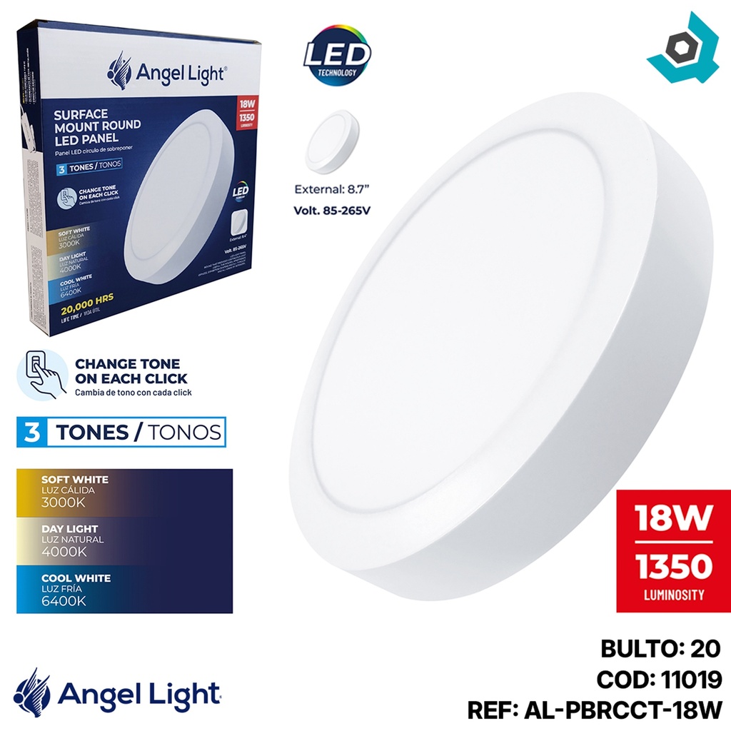 LAMPARA LED SUPERFICIAL REDONDA 18W 3 TONOS ANGEL LIGHT