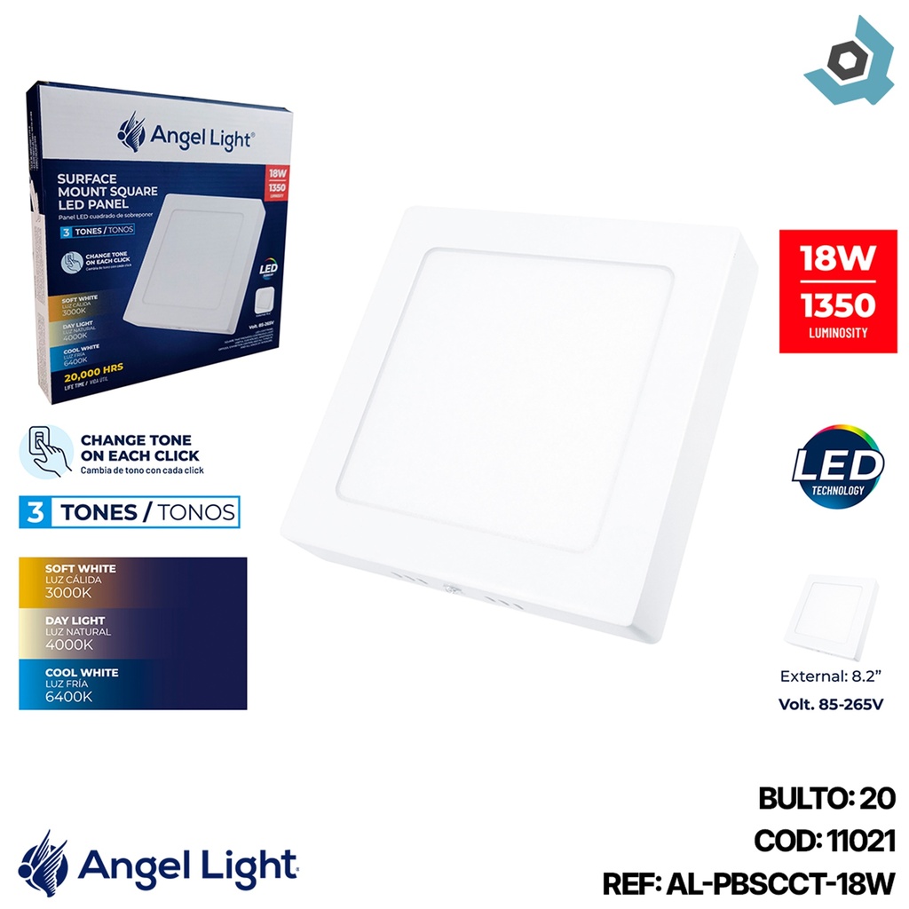 LAMPARA LED SUPERFICIAL CUADRADA 18W 3 TONOS ANGEL LIGHT
