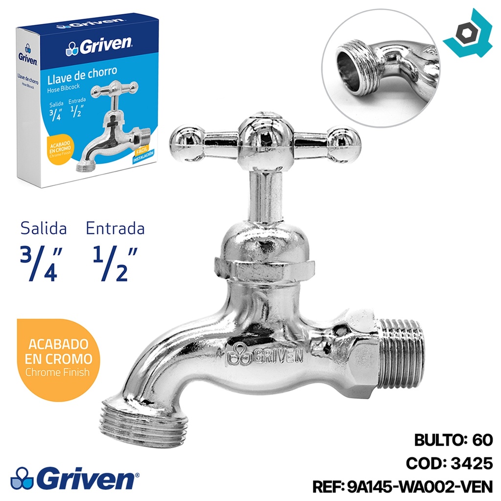 LLAVE DE CHORRO 1/2" CROMADA SIN PICO GRIVEN