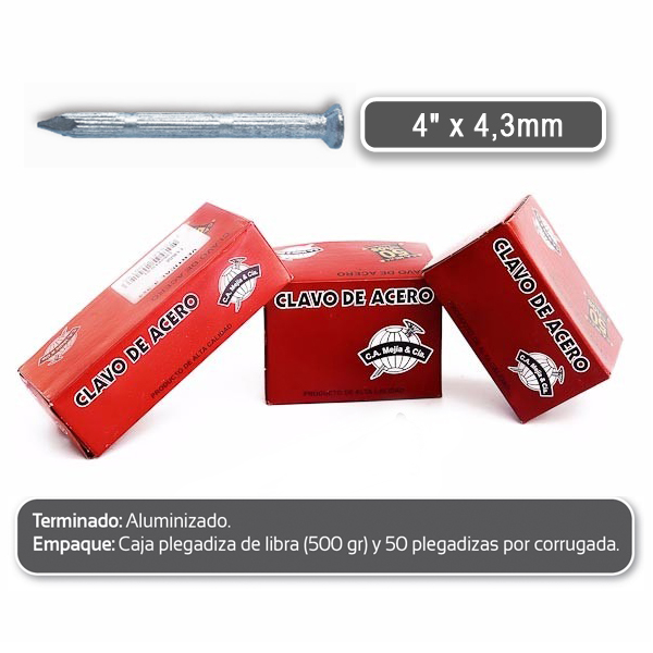 CLAVO ACERO VERTICAL 4" X 4,3MM MEJIA (12C X 250U)