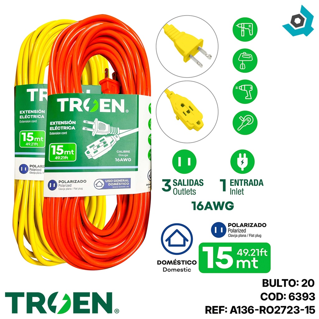 EXTENSION ELECTRICA 15MT 2 TOMAS TROEN