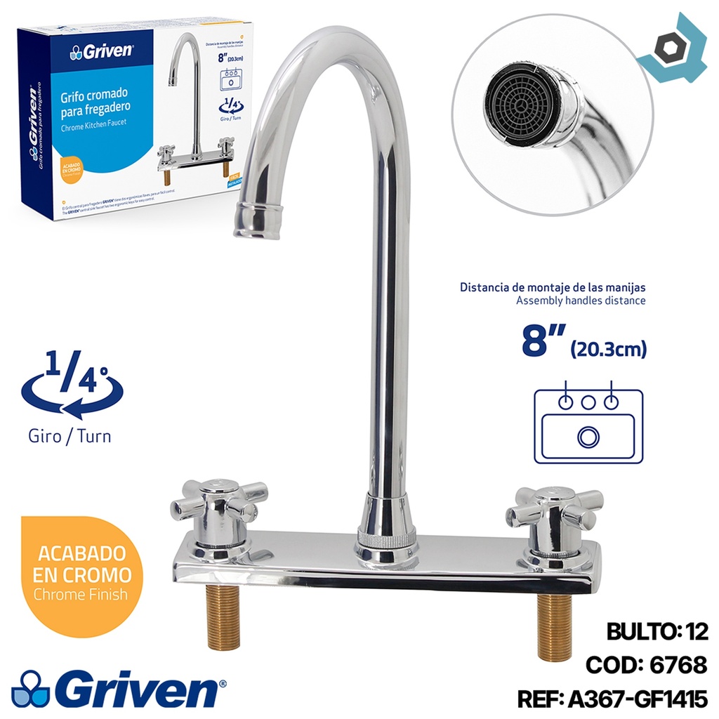 GRIFERIA PARA FREGADERO 8" CUELLO DE CISNE GRIVEN