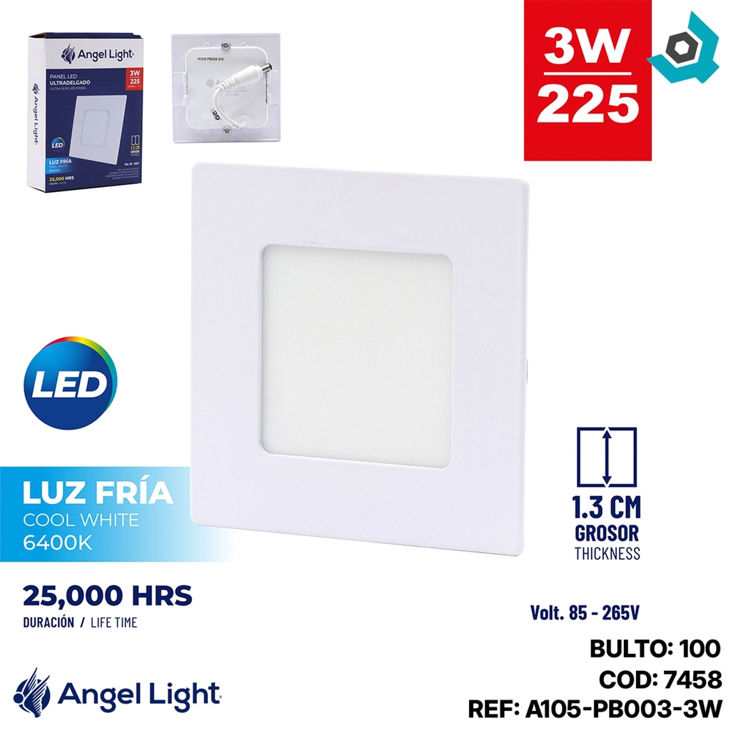 LAMPARA LED PARA EMPOTRAR CUADRADA 3W 3.5" 6000K LUZ BLANCA ANGEL LIGHT