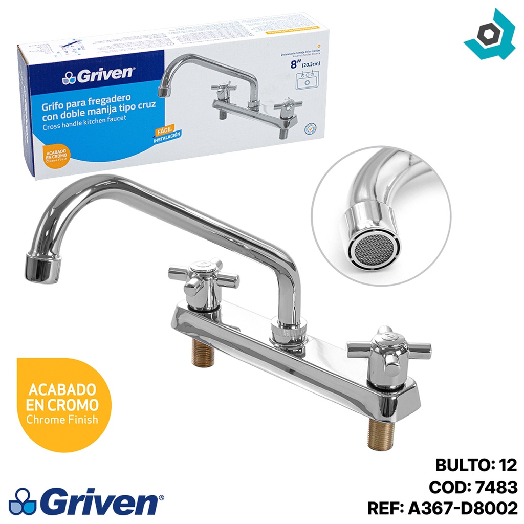 GRIFERIA PARA FREGADERO 8" MANIJA DE CRUZ GRIVEN