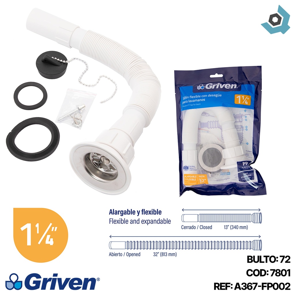 SIFON PARA LAVAMANOS 1 1/4" FLEXIBLE GRIVEN