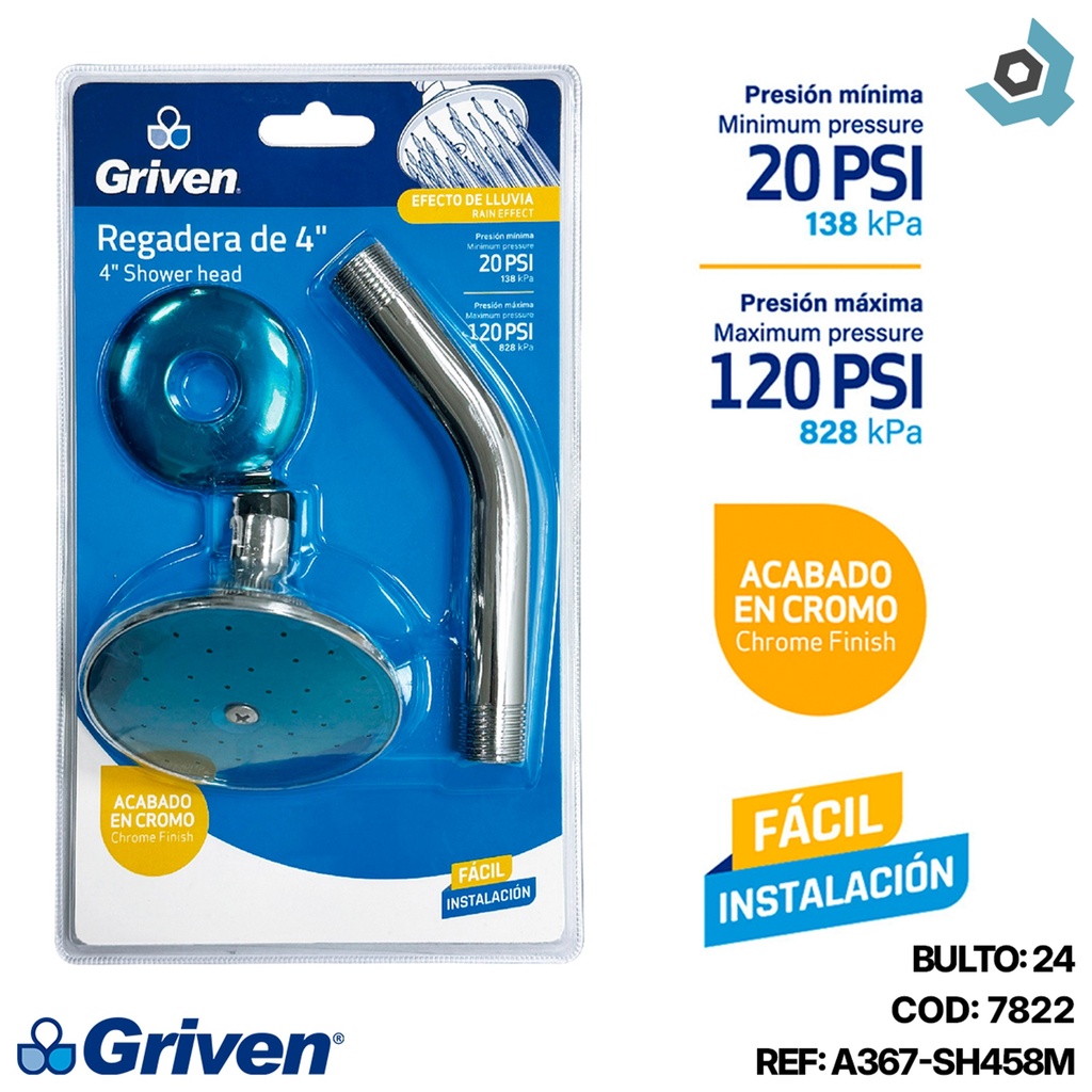 REGADERA PARA BANO 4" CON BRAZO GRIVEN