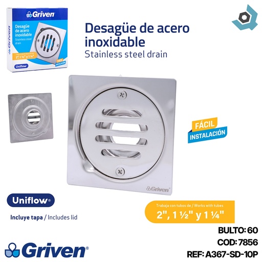 [7856] DESAGUE DE PISO 4" X 4" ACERO INOXIDABLE CON TAPA GRIVEN