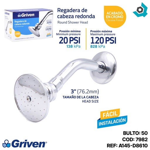 [7982] REGADERA PARA BANO 3" CABEZA REDONDA GRIVEN