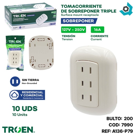 [7990] TOMACORRIENTE SUPERFICIAL SIN TIERRA 3 VIAS TROEN
