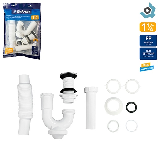 [8094] SIFON FLEXIBLE 1 1/4" CON DESAGUE PARA LAVAMANOS GRIVEN