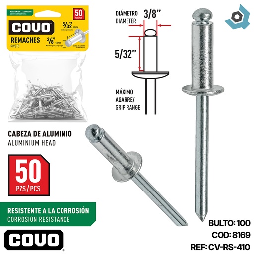 [8169] REMACHES 5/32" X 3/8" 50 PIEZAS COVO
