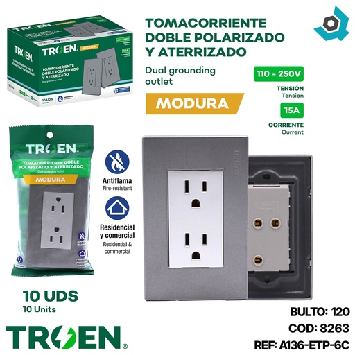 [8263] TOMACORRIENTE DOBLE PLATEADO CON TIERRA TROEN