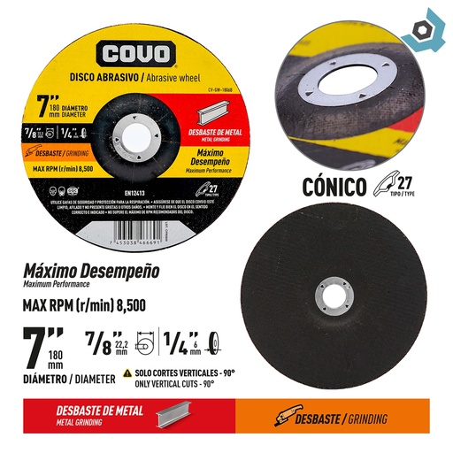 [8347] DISCO DE DESBASTE 7" DE METAL COVO