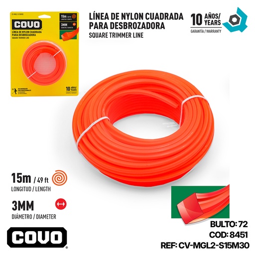 [8451] NYLON CUADRADO PARA DESMALEZADORA 15MT X 3MM COVO